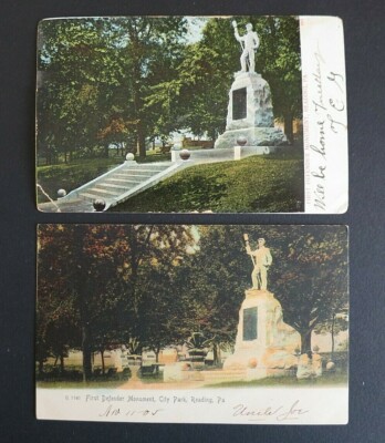Set of 2 First Defender Monument Reading, PA Undivided Postcards 1907, Unused 