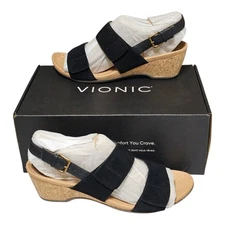Vionic Marian Womens Wedge Sandals Black Size 9 Wide Cork Slingback NEW