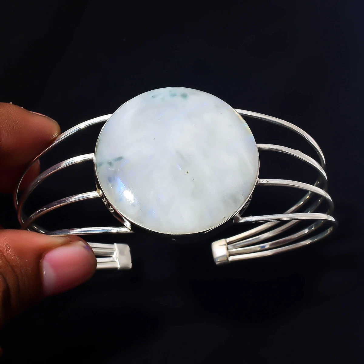 Rainbow Moonstone Gemstone 925 Sterling Silver Handmade Bangle Jewelry Gift For