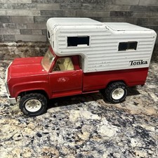 Vintage 1974 Tonka Dodge Pick Up Truck Camper, Pressed Steel Toy Vehicle, Red -B