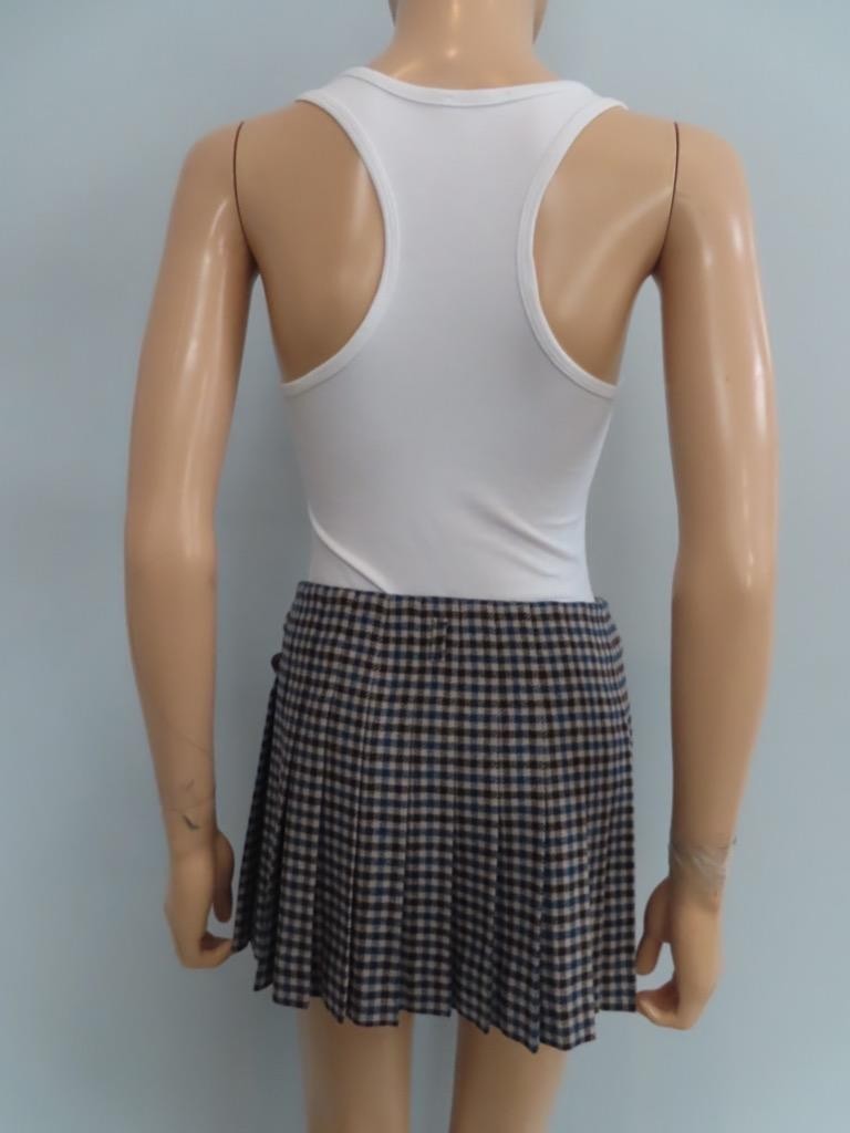 PRADA★素敵!Pleated Check w/Leather Logo Tab Mini Skirt NWT PRADA Blue/Brown Pleated Check Print w/Leather Logo Tab