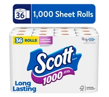 Scott 1000 Toilet Paper, 36 Rolls, 1,000 Sheets per Roll