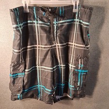 OP Ocean Pacific Black Plaid Board Shorts Swim Trunks Cargo Pocket Mens L