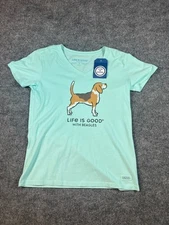 LIFE IS GOOD Women's Short Sleeve V Neck T-shirt Size S Light Blue/Beagle