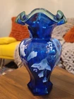 Fenton Glass 1998 Cobalt Blue 75th Anniversary Vase - Bill Fenton 9 1/2"