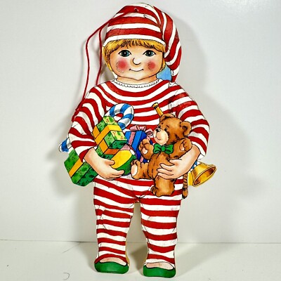 Vintage German Brian Day 1988 Boy in Pajamas Wood Christmas Ornament Toy 6.5  #1
