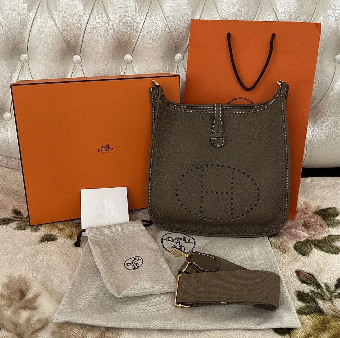 New in Box Hermes Mini Evelyne Etoupe Blue Bag