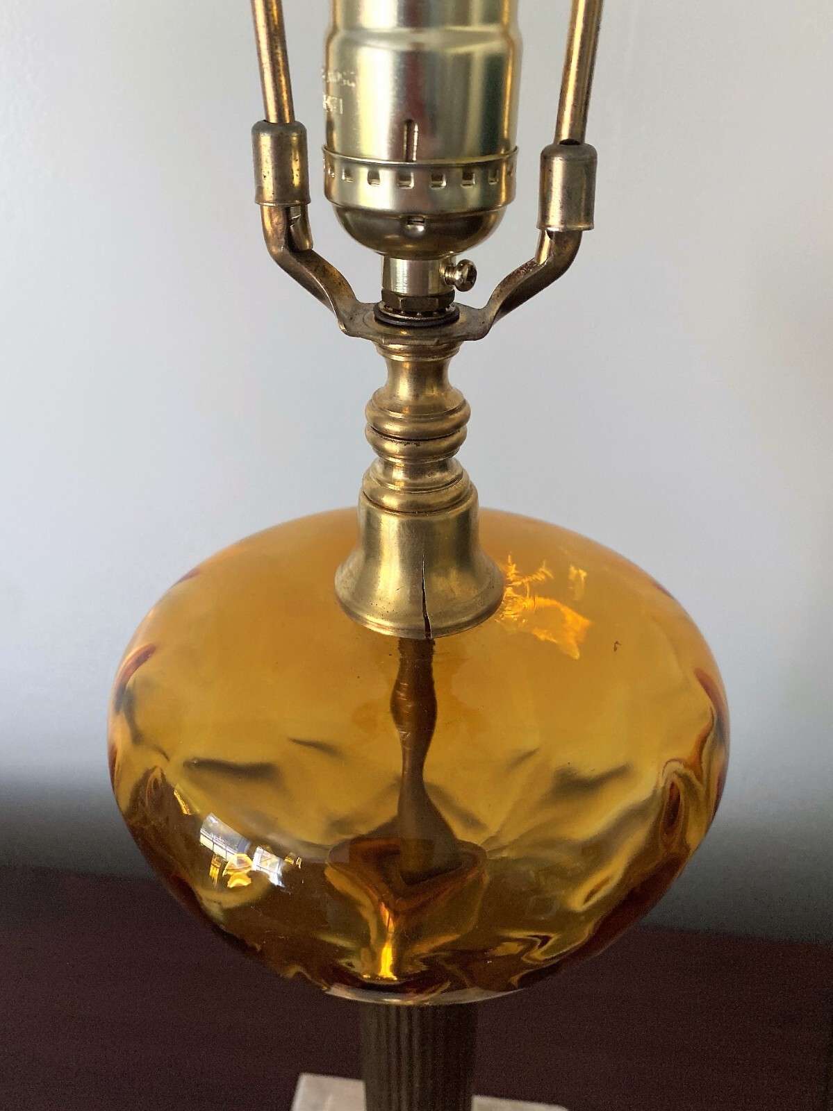 Antique Amber Glass Lamp Marble Stepped Base Solid Brass Column C. 1920