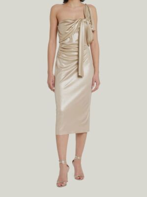 $795 CHIARA BONI Women's Gold Teresa One Shoulder Draped Shimmer Midi Dress  40 | eBay