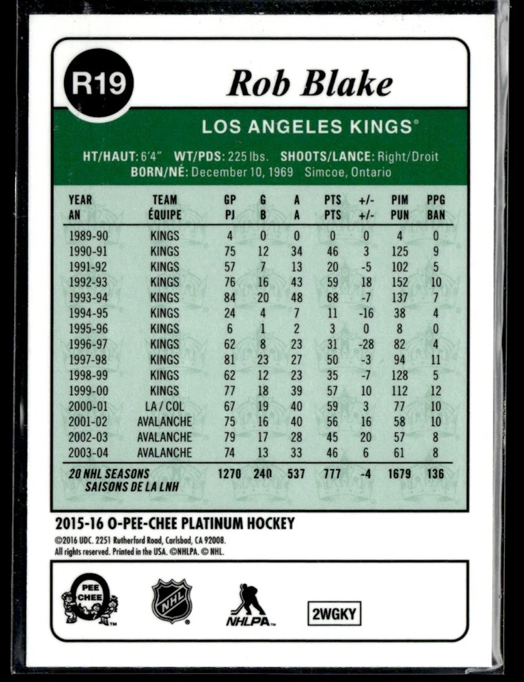 2015-16 O-Pee-Chee Platinum Retro Rob Blake #R19 H5R3J - Image 2 of 2