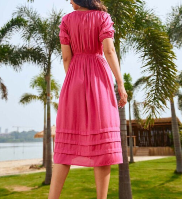 pink dresses online Women's The Genevieve Hot Pink Jacquard Strapless Midi Dress | Size: M