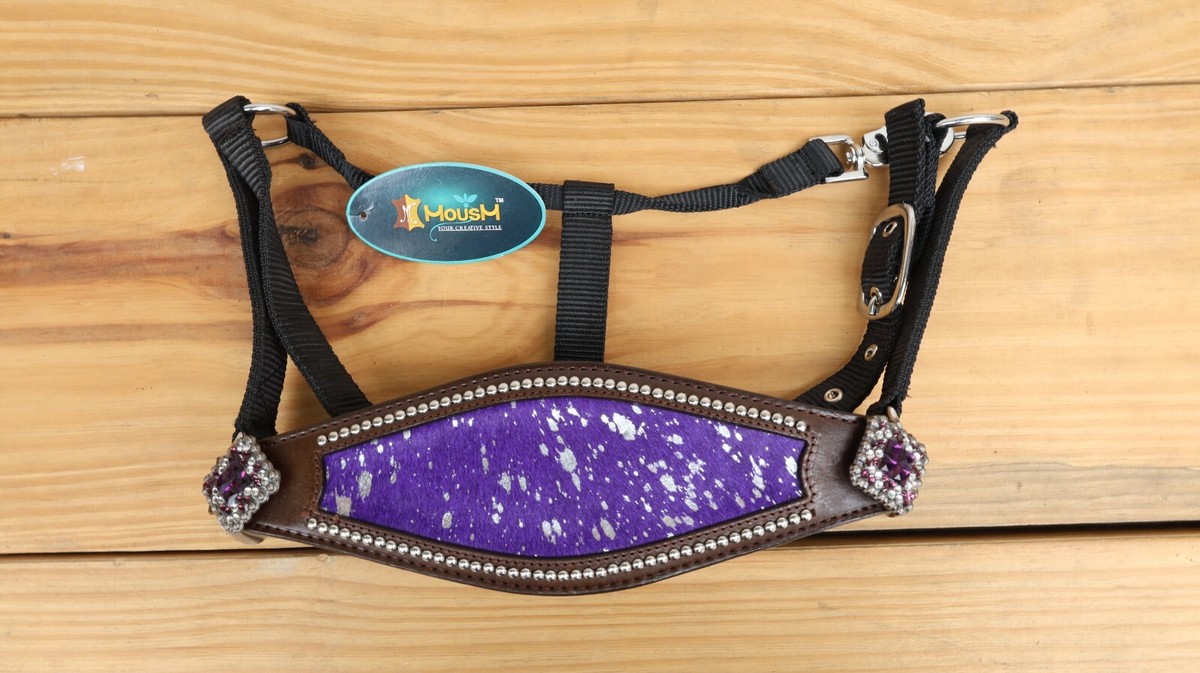Licol Cheval Bronc Halter MOUSM - Cuir De Vache Argentine - Imprimé Acid Wash Rose Argenté