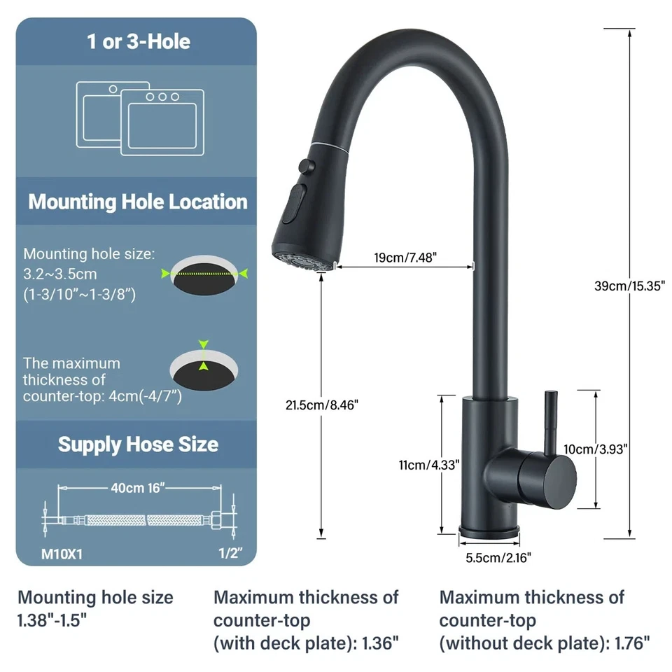Черный кухонный кран для раковины выдвижной распылитель поворотный с одной ручкой смеситель кран с 1 отверстием - Изображение 2 из 4