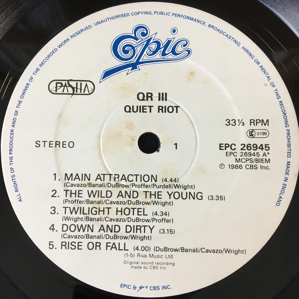 QUIET RIOT 'QR III' 12'' VINYL ALBUM EPIC RECORDS EPC26945 1986 UK FIRST PRESS - Image 3 of 4