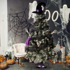 6 Pcs Halloween Witch Tree Decorations Broom Skeleton Hat Legs Ribbon Black Mesh