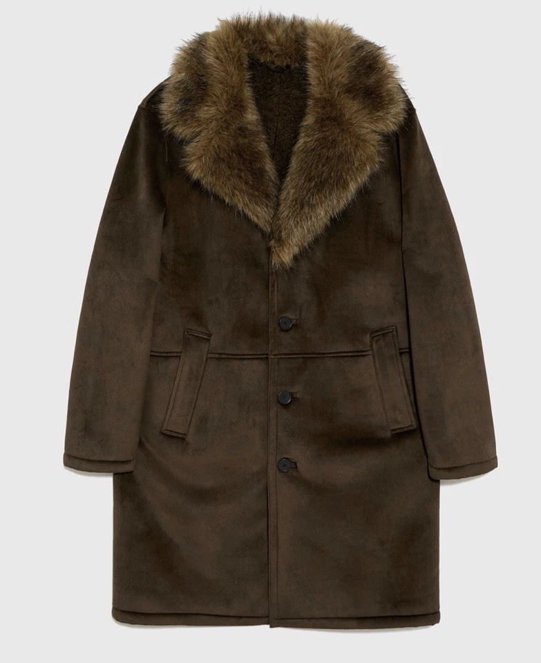ZARA MENS BROWN SHEARLING COAT FAUX FUR COLLAR MEDIUM 40 UK/USA 50 IT NEW + TAG - Image 2 of 4