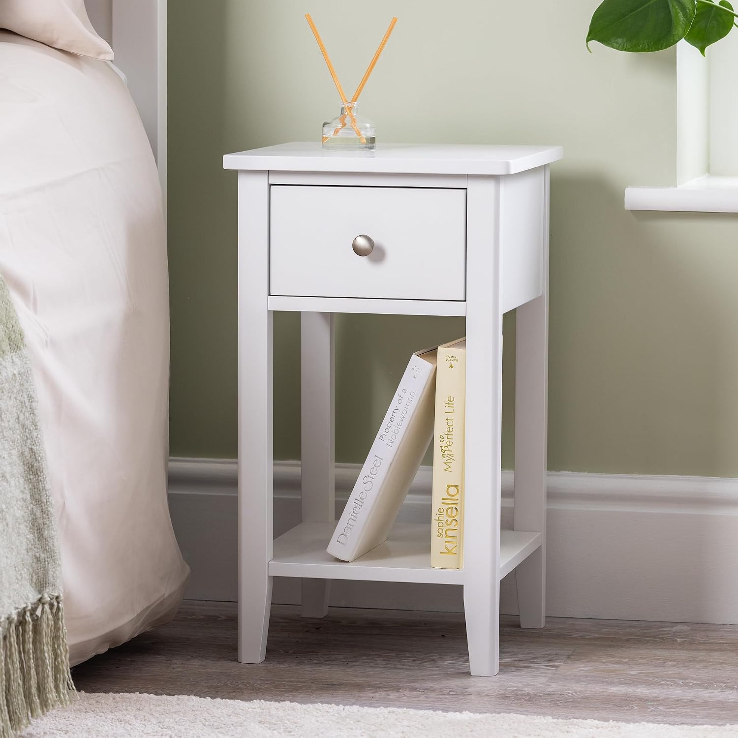 Slim White Bedside Table with Drawer & Shelf, Modern Narrow Bedroom Nightstand,