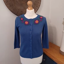 Monsoon Blue Embroidered Cardigan 10 Pink Floral Knit Cosy Buttons Angora Blend