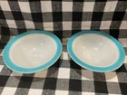 Vintage Pyrex White Milk Glass Cereal Bowls With Turquoise Blue Rim Set Of 2