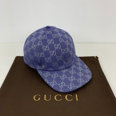 Gucci GG Monogram Canvas Cotton Baseball Cap Head Hat Navy Blue