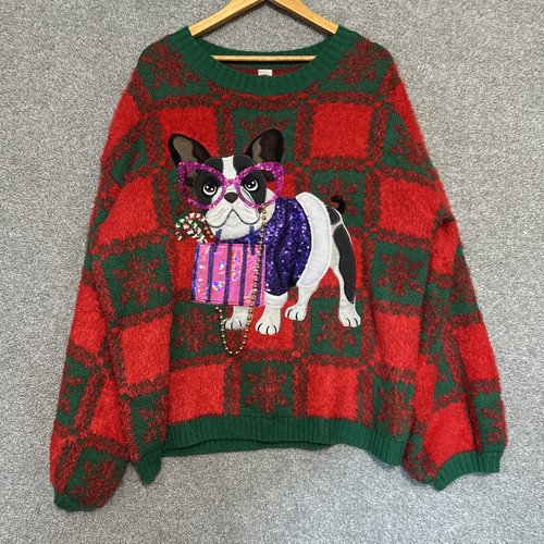 Boston Terrier Christmas Sweater Size 1X 16W/18W French Bulldog Red Green - Picture 1 of 9