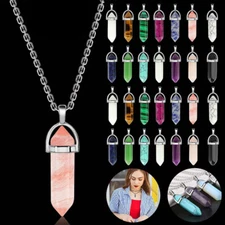 80X Hexagonal Glass Pointed Stone Quartz Energy Necklace Jewelry Pendant
