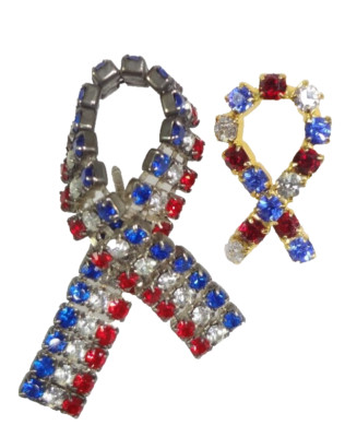 Lot of (2) Patriotic Ribbon Shaped Pins Sparkly Red, Clear & Blue Rhinestones!
