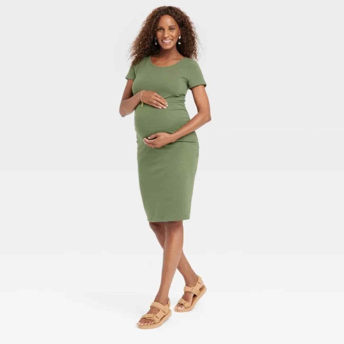 short maternity dress Isabel Sleeve Essential T-Shirt Maternity XS Wear with or without a matching ivory satin sash to cinch your figure. Pink Short Puff Sleeve Shirred