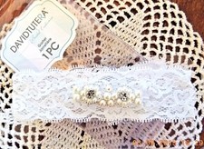 NEW DAVID TUTERA WHITE STRETCH LACE GARTER RHINESTONES PEARLS CRYSTALS ELEGANT