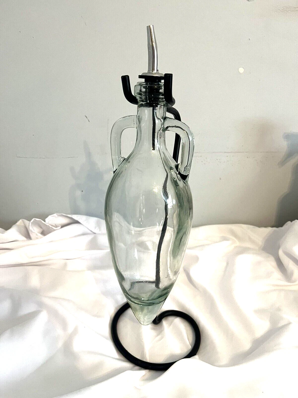Clear Glass Olive Oil Decanter with Black Iron Stand-16Inches Total Height