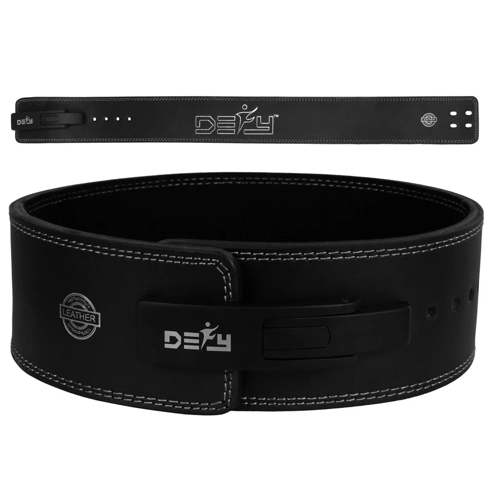 Cinturón de levantamiento de pesas DEFY de cuero genuino para hombres/mujeres negro palanca gimnasio levantamiento de pesas Foto 4 de 4