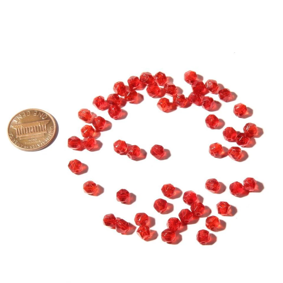 Lote (50) Cuentas de vidrio facetadas corte inglés naranja rojo vintage checo de 5 mm Foto 2 de 2