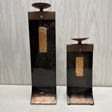 Set of 2 MARK HINES CREATIONS Art Glass & Steel Candle Holders 12.5" 18.5" *READ