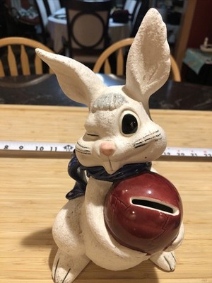 Vtg Ceramic Easter Bunny Figurine Egg Bank Scarf Winking Creepy Anthropomorphic