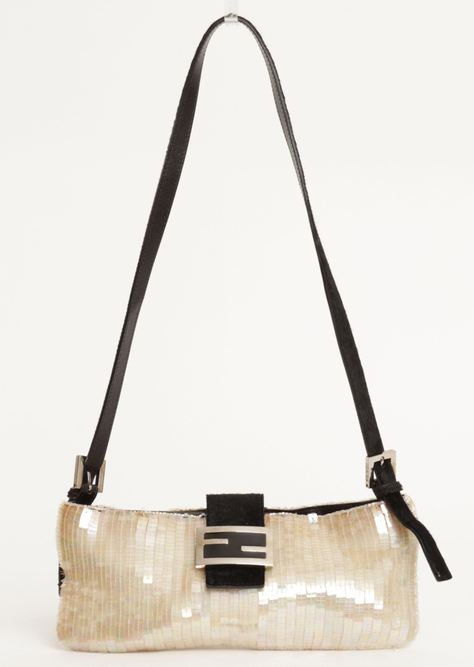 VINTAGE FENDI GLITTER BAGUETTE BAG PEARL WHITE SEQUINS W/ BLACK PONY HAIR TRIM