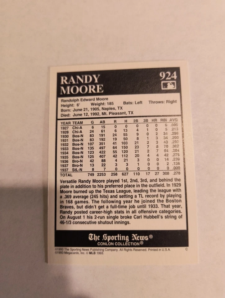 RANDY MOORE 1993 CONLON COLLECTION THE SPORTING NEWS #924 - Image 2 of 2
