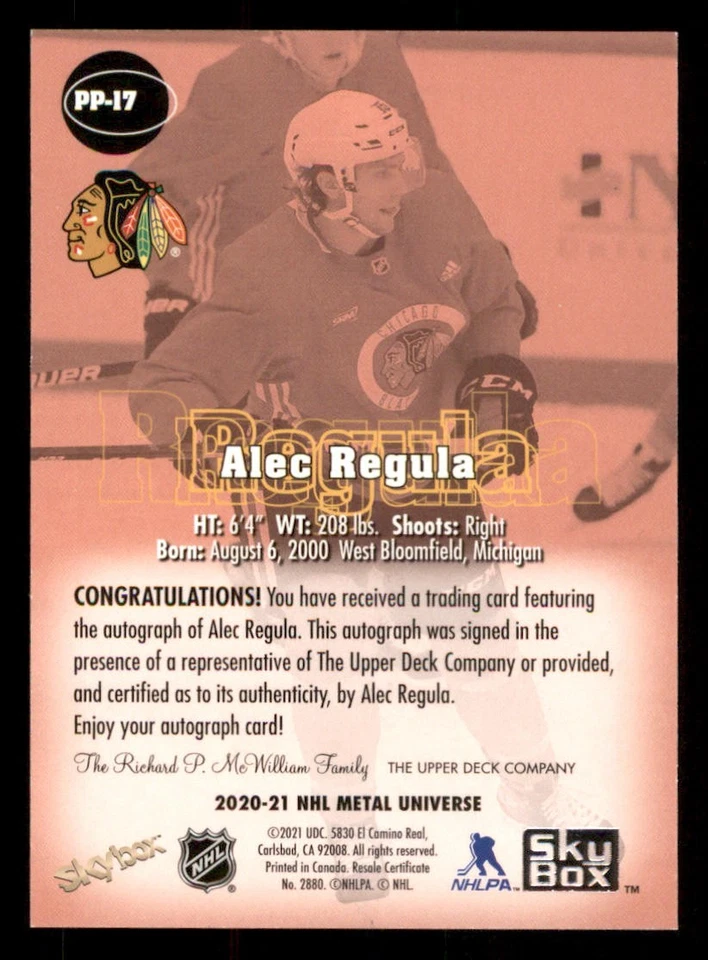 2020-21 Metal Universe Skybox Premium Prospects AUTO Rubies #PP17 Alec Regula - Image 2 of 2
