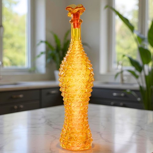 Vintage Italian Empoli Amber Glass Decanter Vase with Stopper 18" Tall MCM