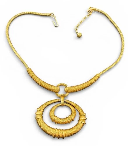 Trifari Signed Necklace Gold Tone Double Hoop Pendant 16” J80