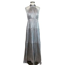 AQUA Women's Formal Dress Size 12 Silver Metallic Ruffled A-Line Halter Gown
