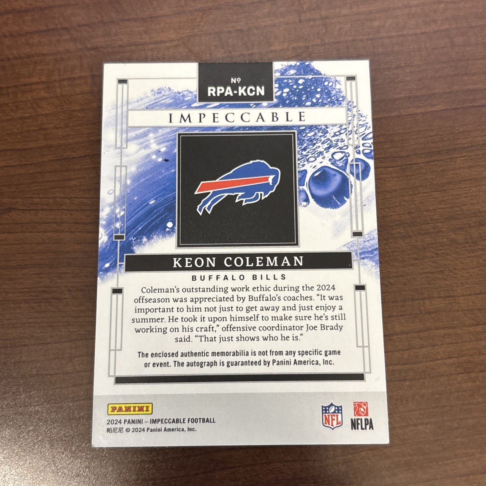 2024 panini impeccable RPA-KCN Keon Coleman RPA /49 Rookie Patch Auto Bills view 3