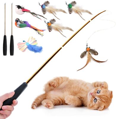 Interactive Cat Wand Toys Set 2PCS Cat Teaser with 6 Birds Feathers & Bells f...