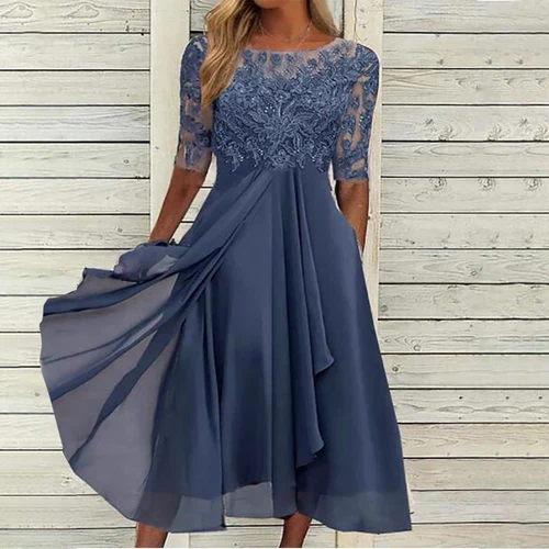 Women's Fashionstea Length Embroidery Lace Chiffon Casual Dresses for Women - Bild 17 von 31