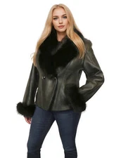 DODICI Women's Short Sheepskin Shearling Jacket with Fox Trim
