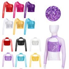 Kid Girl's Shiny Sequins Dance Crop Tops Long Sleeve One Shoulder T-Shirt Top