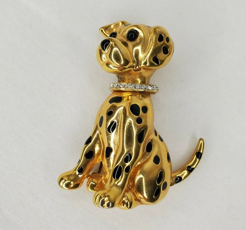 Spilla cane dalmata vintage tono oro spilla cristallo collare anni 80 90 cucciolo caserma dei pompieri - Foto 3 di 11
