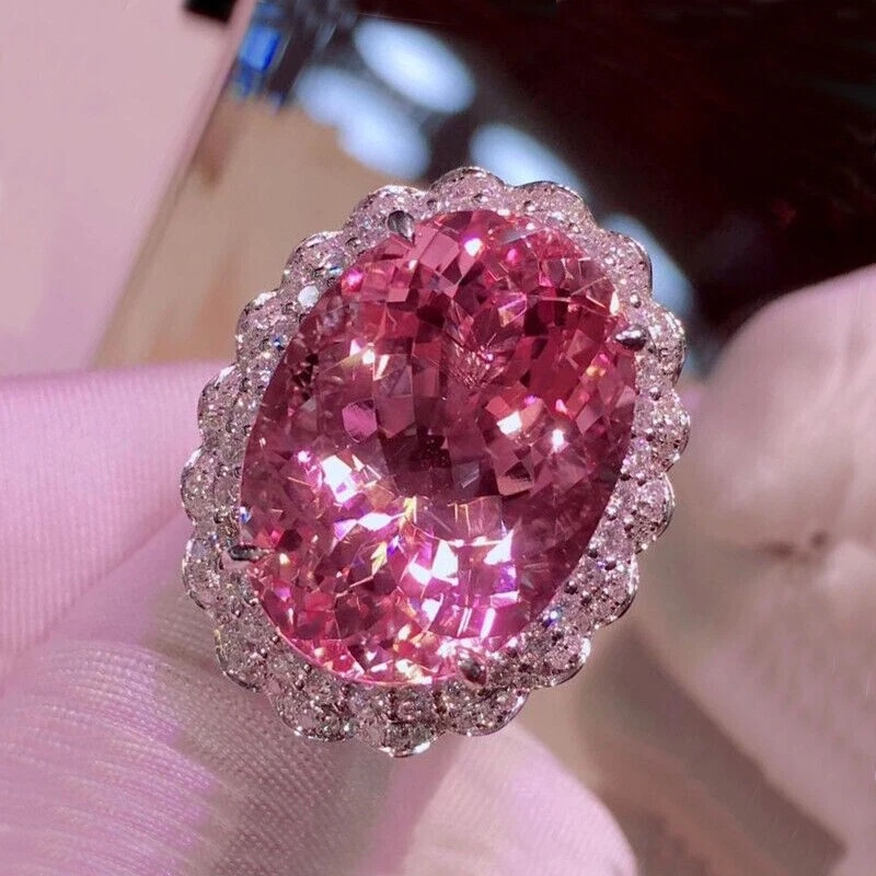 Anillo de 30, 20 mm corte ovalado rosa kuncita XL piedra y circonitas cúbicas 8 enchapado en platino Foto 2 de 4