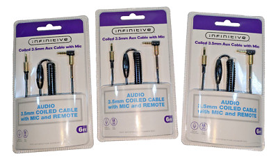 3 Infinitive Coiled 3.5 mm Aux Cable / Mic and Remote New 6ft New & Sealed LOT