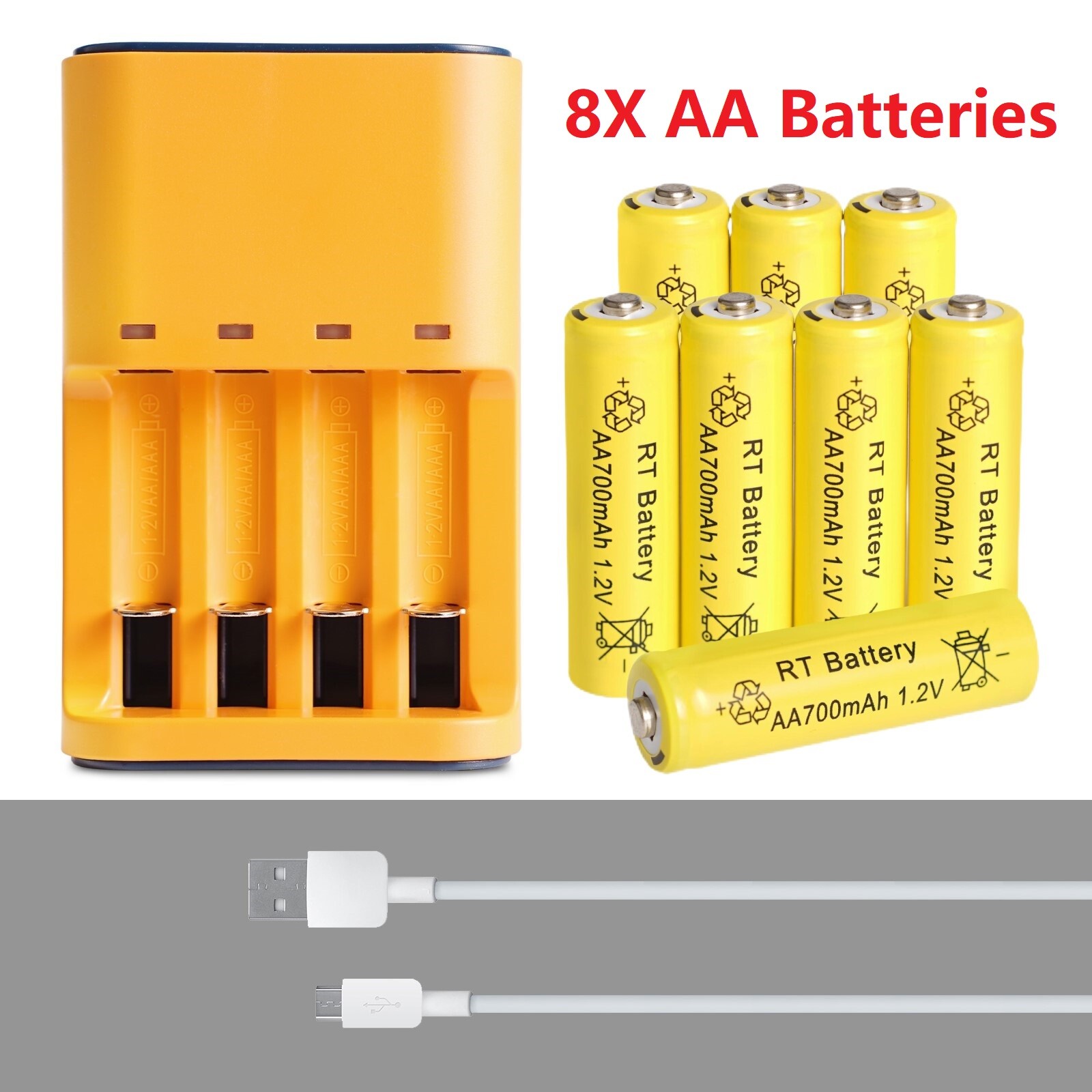 8Pcs 1.2V Ni-MH AA Rechargeable Batteries with 4-Slot Smart Battery Charger AA