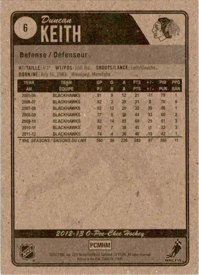 2012-13 O-Pee-Chee Duncan Keith #6 - Image 2 of 2